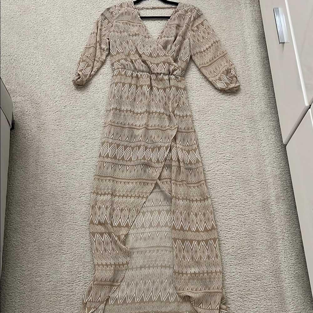 Tan 3/4 Sleeve Bishop Sleeve V-Neck Sundress for Wedding Guest